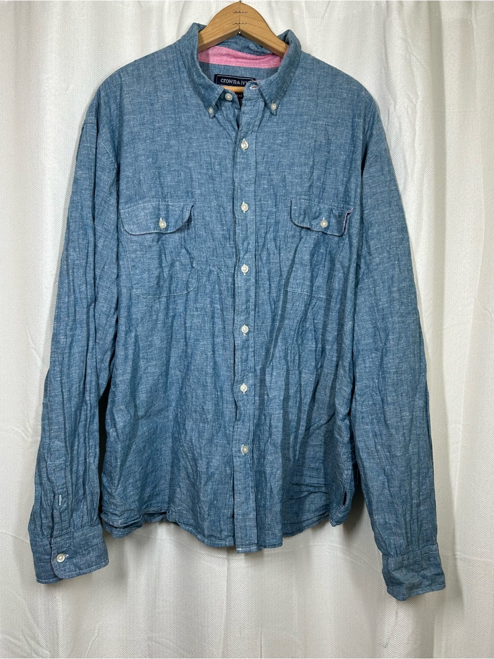 Crown & Ivy Classic Fit Linen Cotton Blend Button Down Blue Size XXL